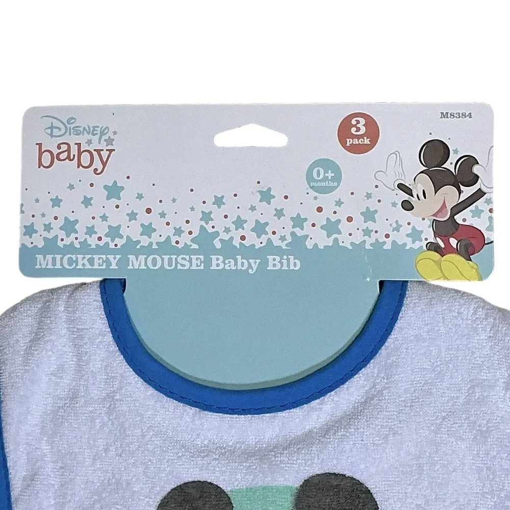 Disney Mickey Mouse Baby Bibs Absorbent Terrycloth VeIcro Closure 3 Pc 0-18 mo